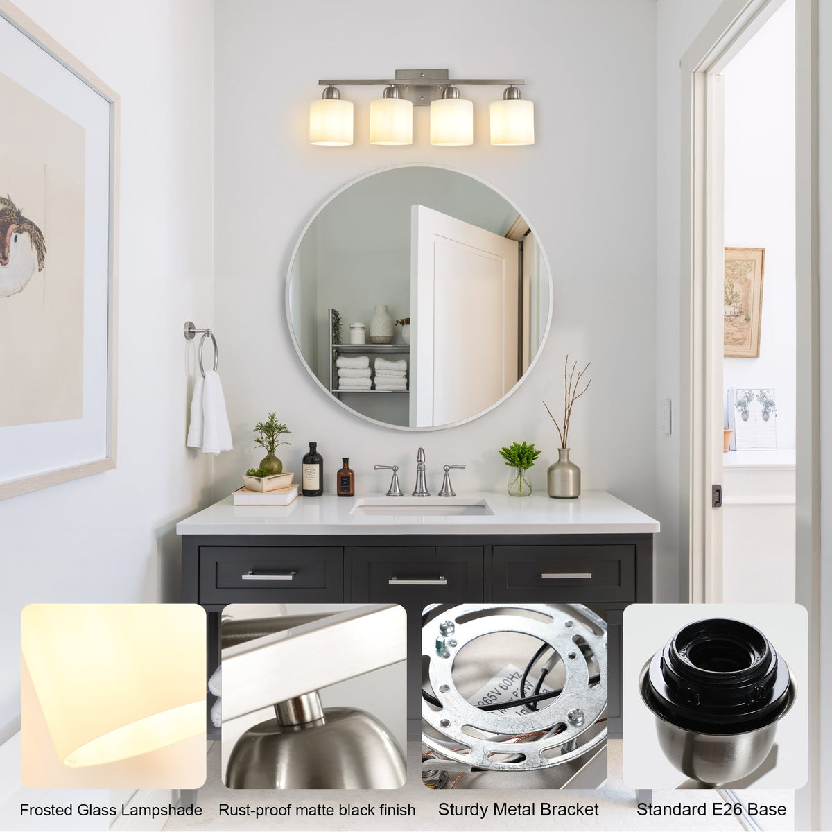Modern 4-Light Bathroom Fixture with Nickel Finish and Milky, photo 6 of 7