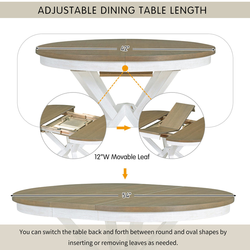 5-Piece Retro Functional Dining Table Set Extendable Round Table and 4 Upholstered Chairs for Dining Room and Living Room (Brown+Antique White)