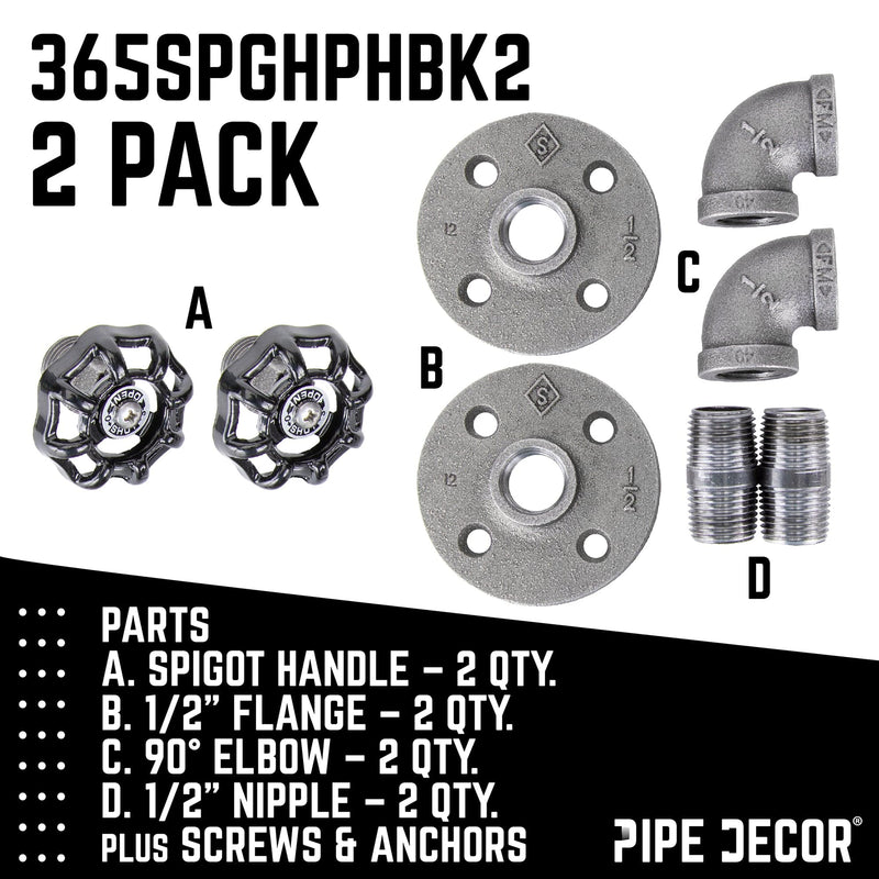 Black Industrial Curved Spigot Wall Hook with Flange (2-Pack)