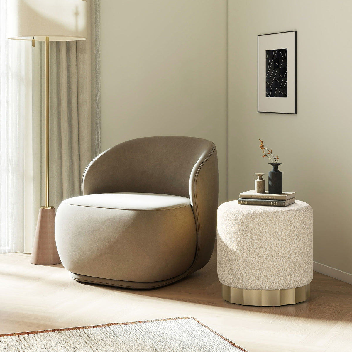 Hampton - Round Upholstered Ottoman With Scalloped Base - Speckled Egg Beige, photo 3 of 7