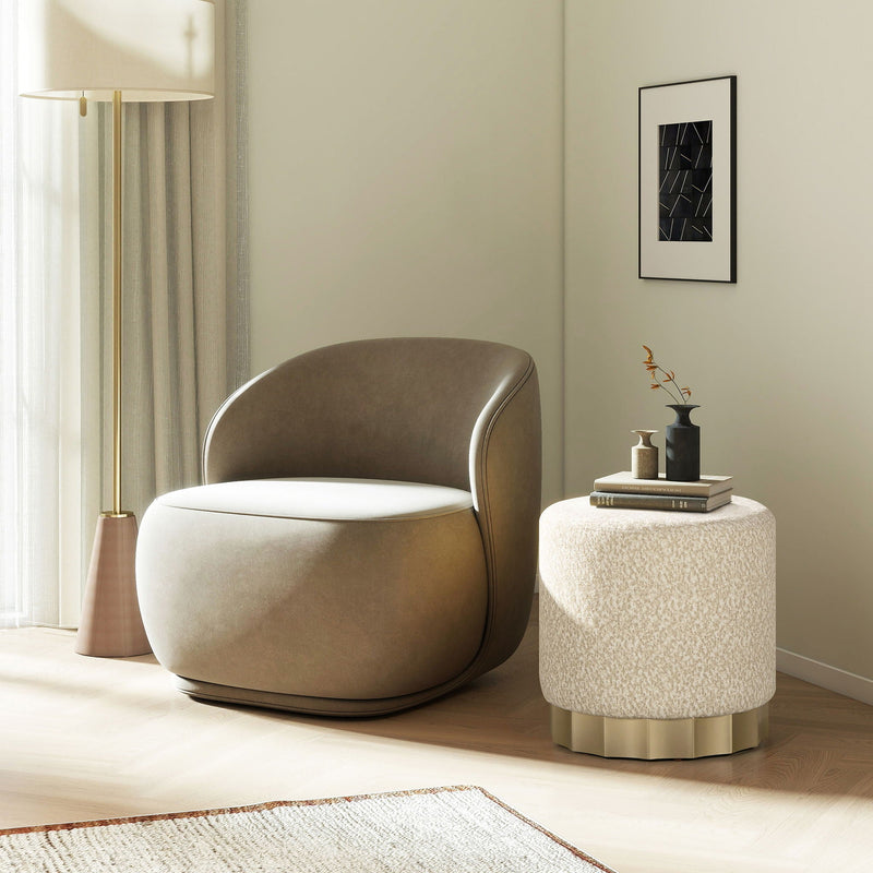 Hampton - Round Upholstered Ottoman With Scalloped Base - Speckled Egg Beige, photo 3 of 7