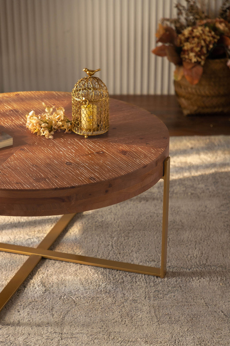 33.86"Modern Retro Splicing Round Coffee Table,Fir Wood Table Top with Gold Cross Legs Base