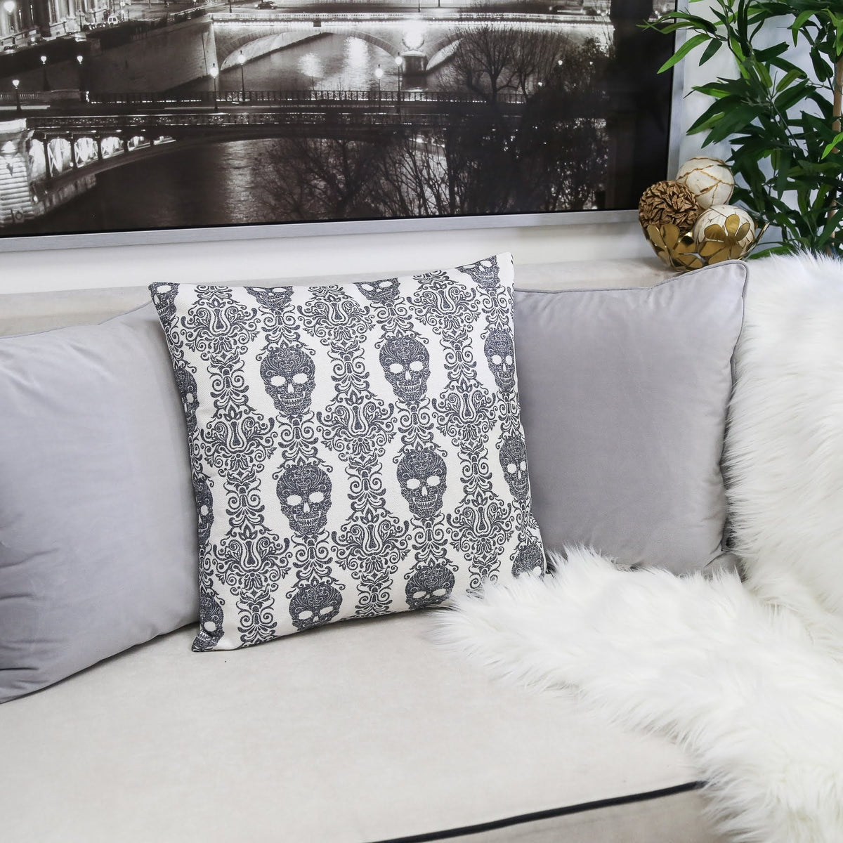 Gothic Damask Skull Throw Pillow, photo 5 of 6