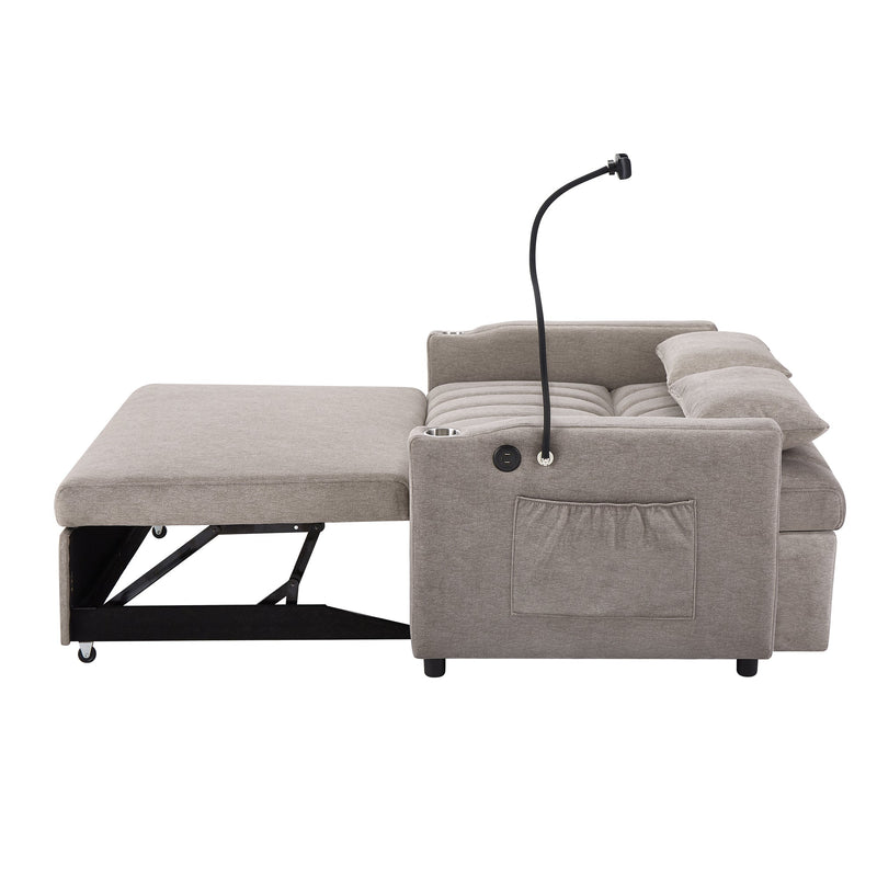 55.9" Convertible Sofa Bed Loveseat Sofa with Three USB Ports, Two Side Pockets, Two Cup Holders and 360Swivel Phone Holder for Living Room, Light Grey