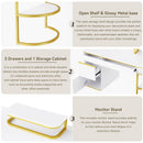 60"Modern Executive Desk,White Curved Computer Desk with Gold Metal Legs,3-Drawers Home Office Desk,Writing Desk with 1 Storage Cabinet for Home Office,Living Room,Gold+White