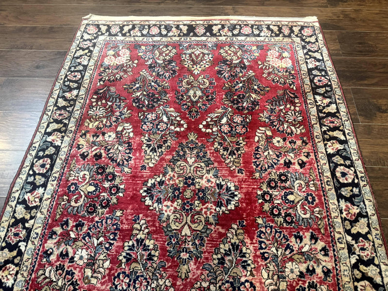 Antique Persian Sarouk Rug 4x7, Floral, Red 1920s Persian Wool Carpet