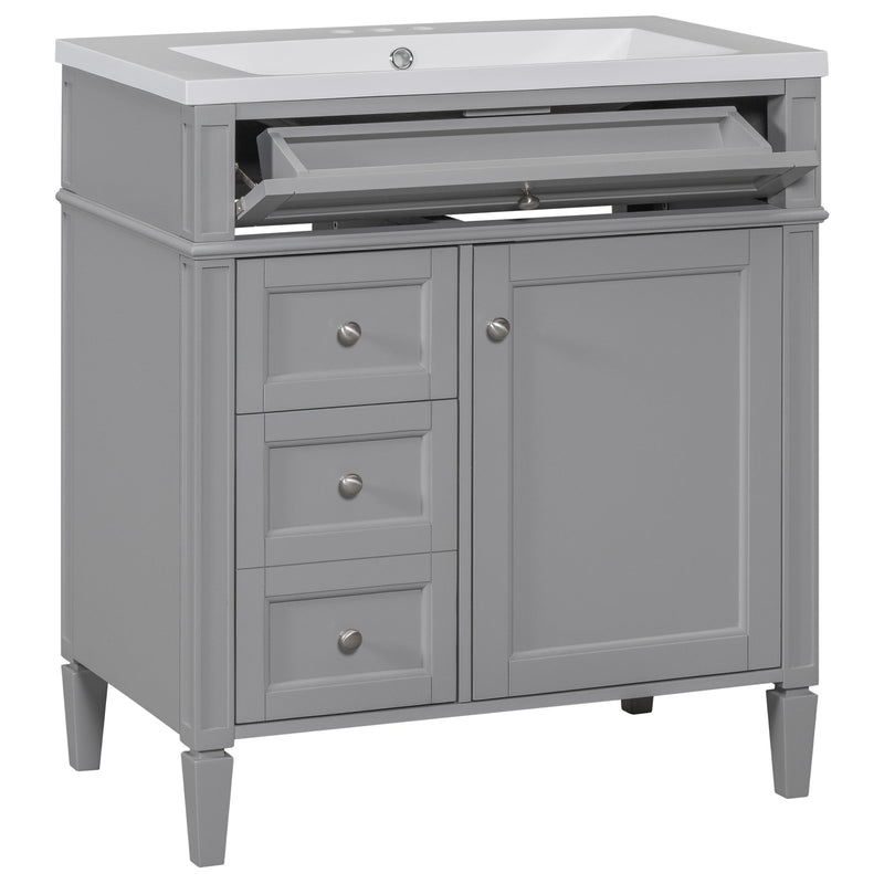 30" Bathroom Vanity with Top Sink, Modern Bathroom Storage Cabinet with 2 Drawers and a Tip-out Drawer, Single Sink Bathroom Vanity