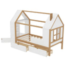 Twin Size House Platform Bed with Drawers, Solid Wood House Bed with Shelves