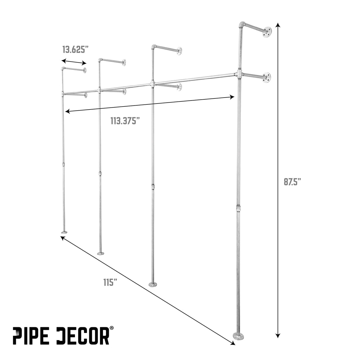 115 in. Galvanized Wall Mounted Clothing Rack, Triple, photo 3 of 8