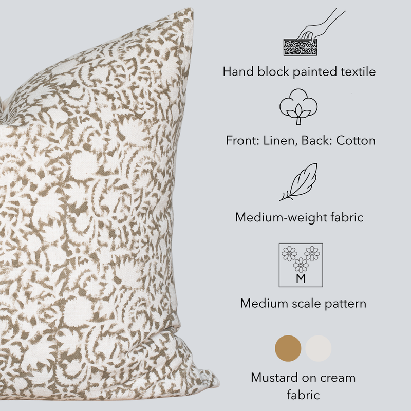 Ochre Floral Block Printed Pillow Cover | Mustard