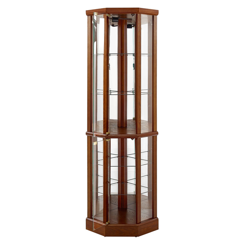 6 Shelf Lighted Corner Curio Cabinet with Adjustable Tempered Glass Shelves and Mirror Back, Walnut