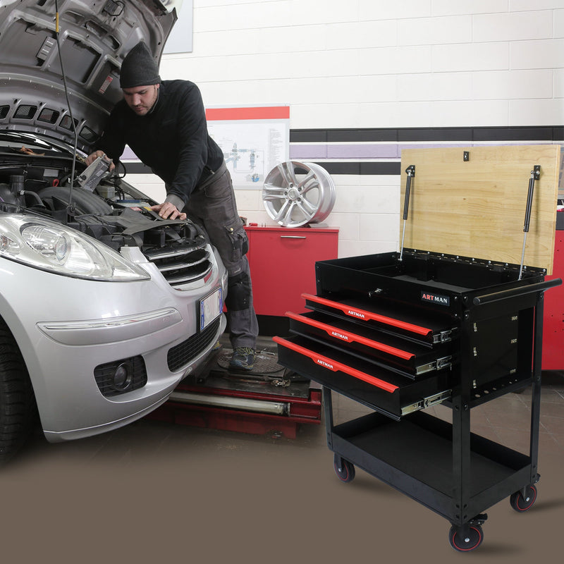 3 DRAWERS MULTIFUNCTIONAL TOOL CART WITH WHEELS AND WOODEN TOP