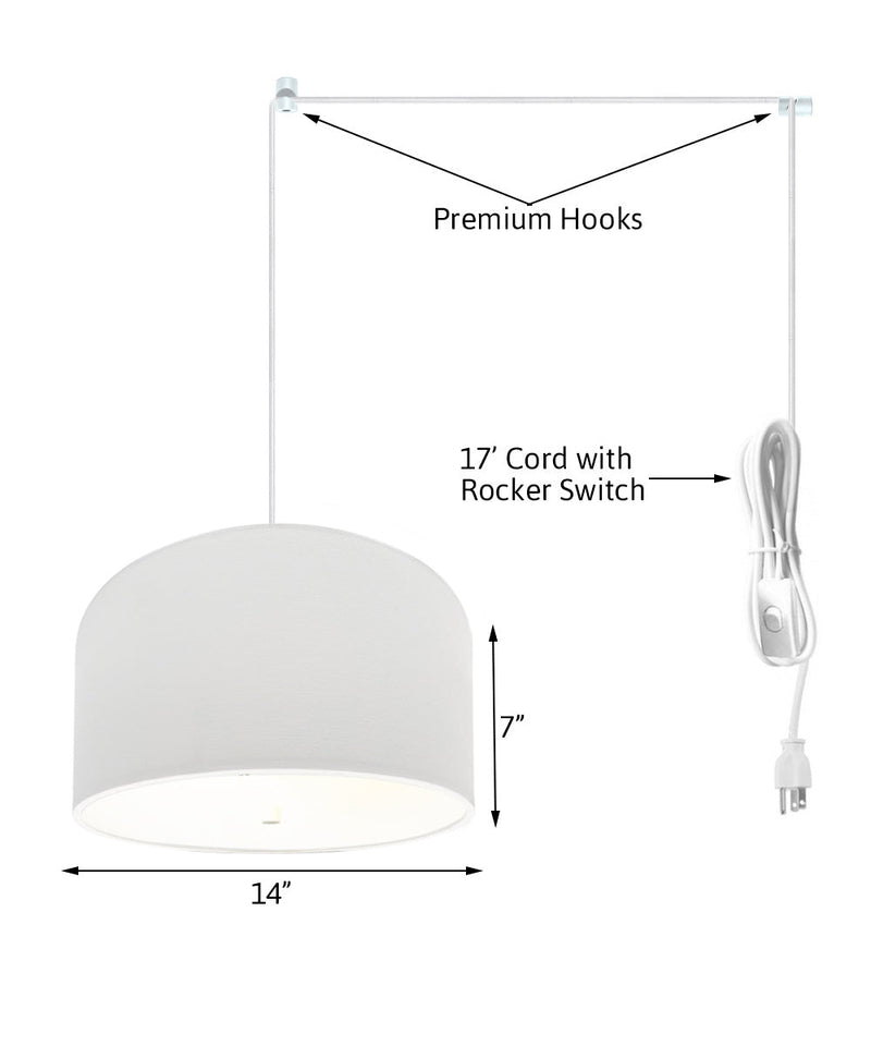 2 Light Swag Plug-In Pendant 14"w White Shade with Diffuser, White Cord