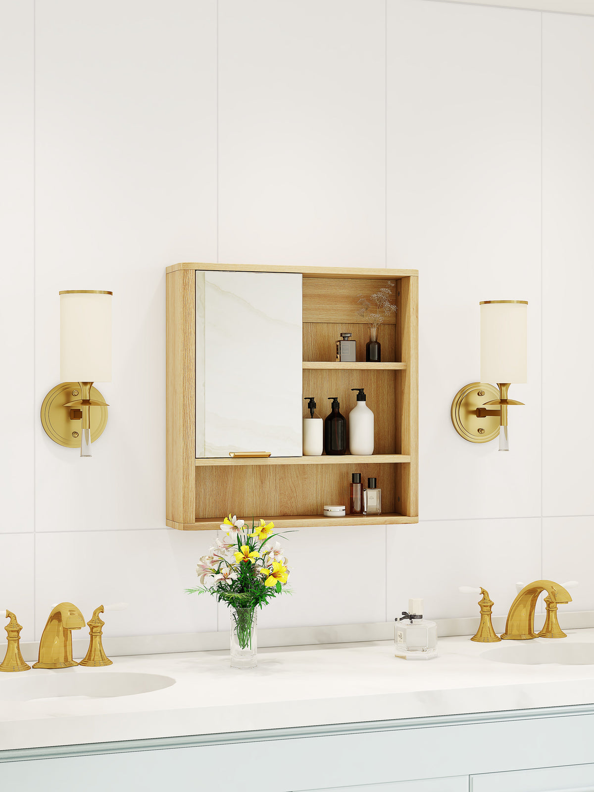 Natural Wood Finish Wall Mounted Mirror Cabinet, photo 4 of 10