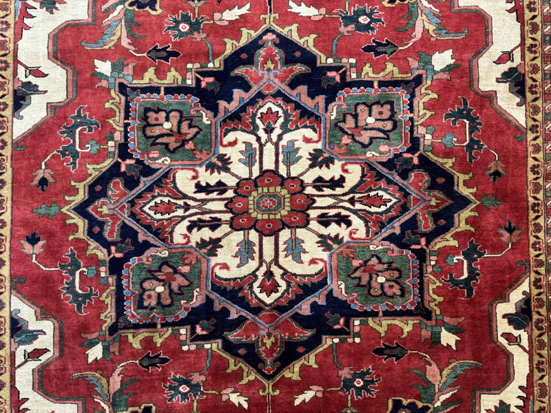 Persian Heriz Serapi Rug 8 x 10.6, Geometric Medallion, Great Colors, Rare, Red Navy Blue Ivory