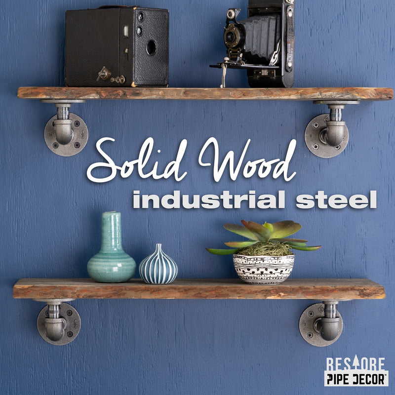 24” Boulder Black Live Edge Wood Shelf with L-Shaped Pipe Brackets (2-Pack)