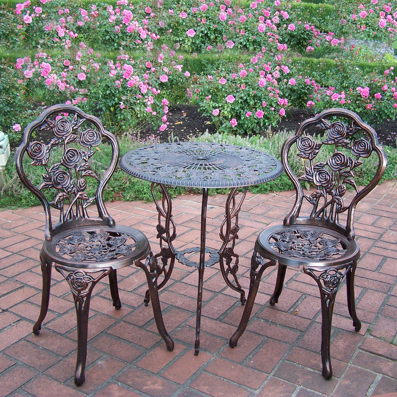 Cast Aluminum Metal Antique Bronze 3 Piece Patio Rose Bistro Set