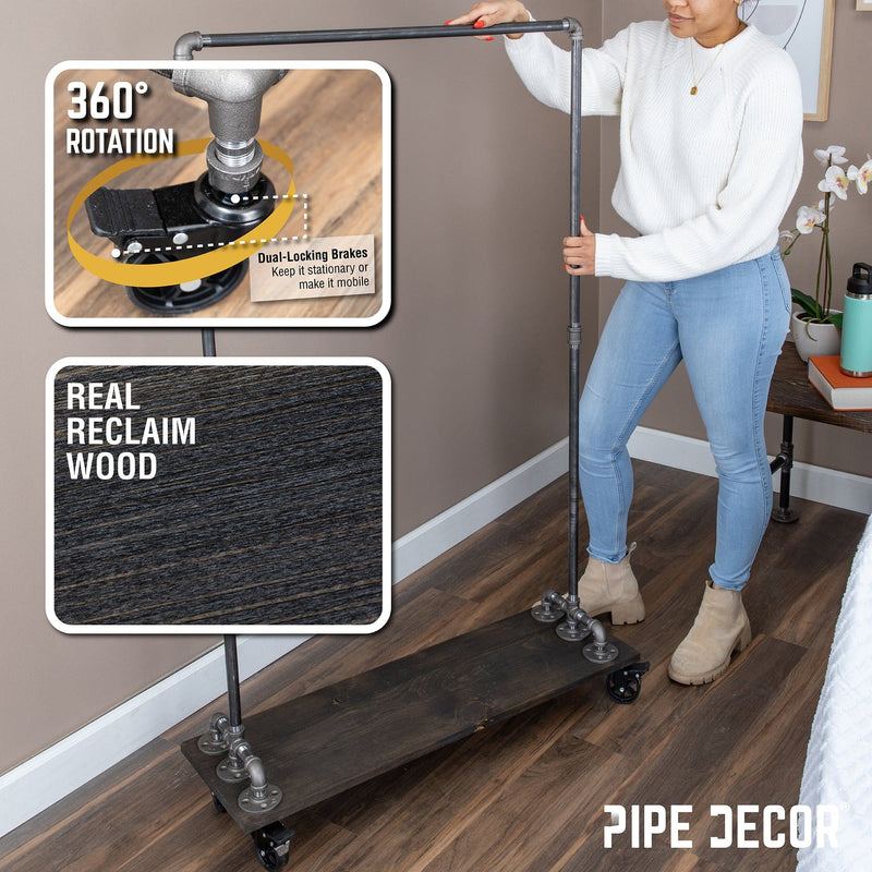 59 ½ in. Rolling Single Rod Clothing Rack with Wood Shelf, Boulder Black