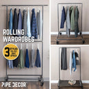 59 ½ in. Rolling Single Rod Clothing Rack with Wood Shelf, Boulder Black by PIPE DECOR