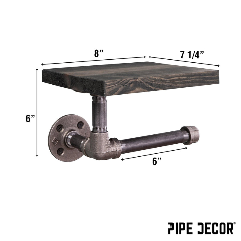 6 in. Wall-Mounted Pipe Toilet Paper Holder with Wood Shelf, Boulder Black