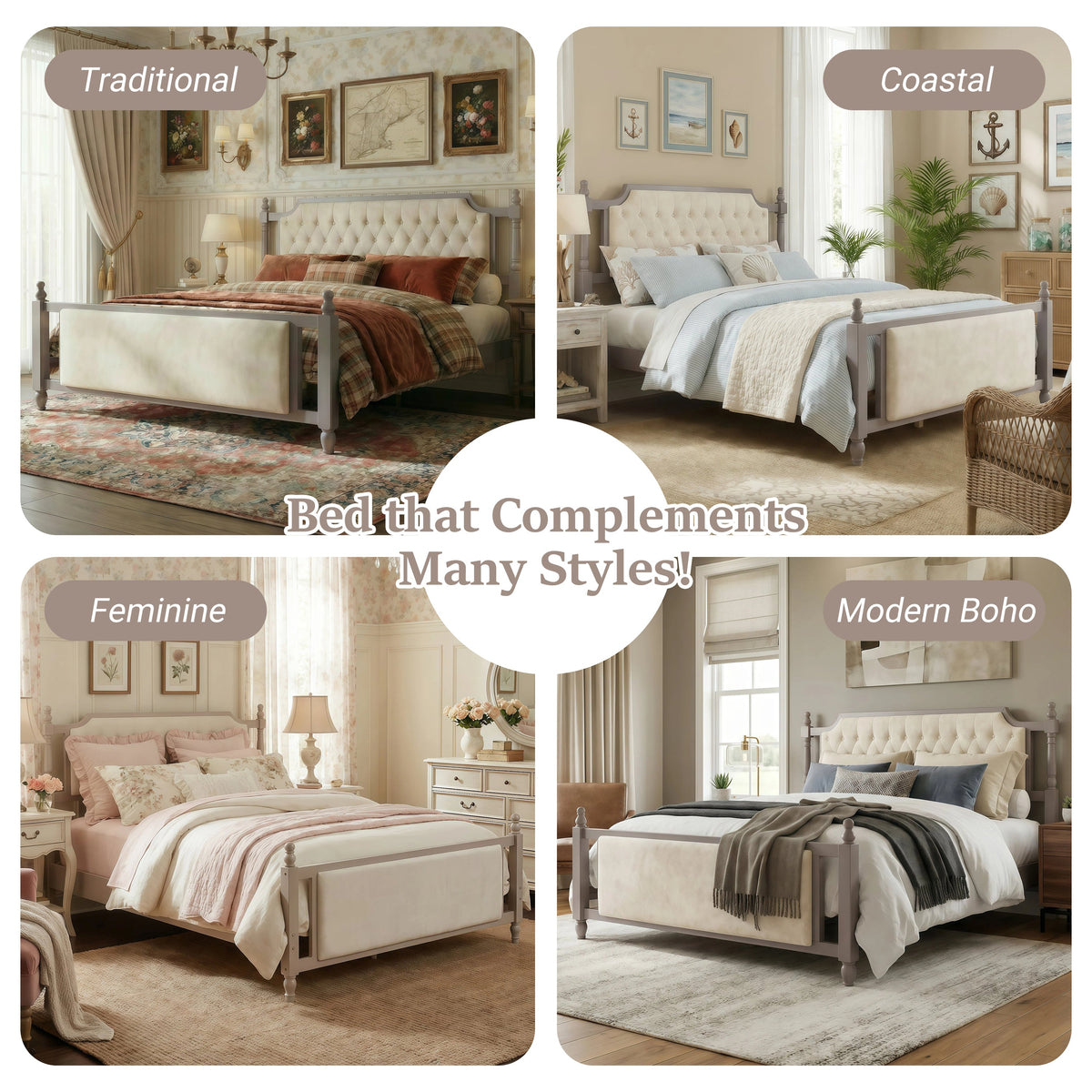 King Size Upholstered Platform Bed with Button Tufted Headboard, photo 9 of 10