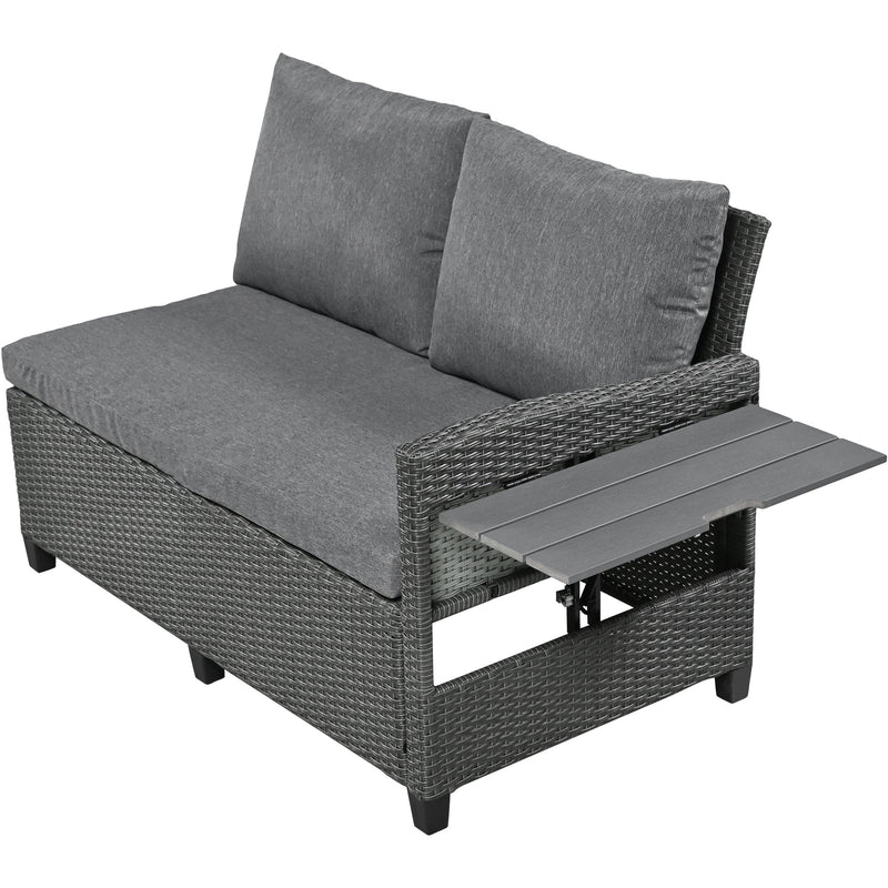 5-Piece Outdoor Patio Rattan Sofa Set, Sectional PE Wicker L-Shaped Garden Furniture Set with 2 Extendable Side Tables, Dining Table and Washable Covers for Backyard, Poolside, Indoor, Gray