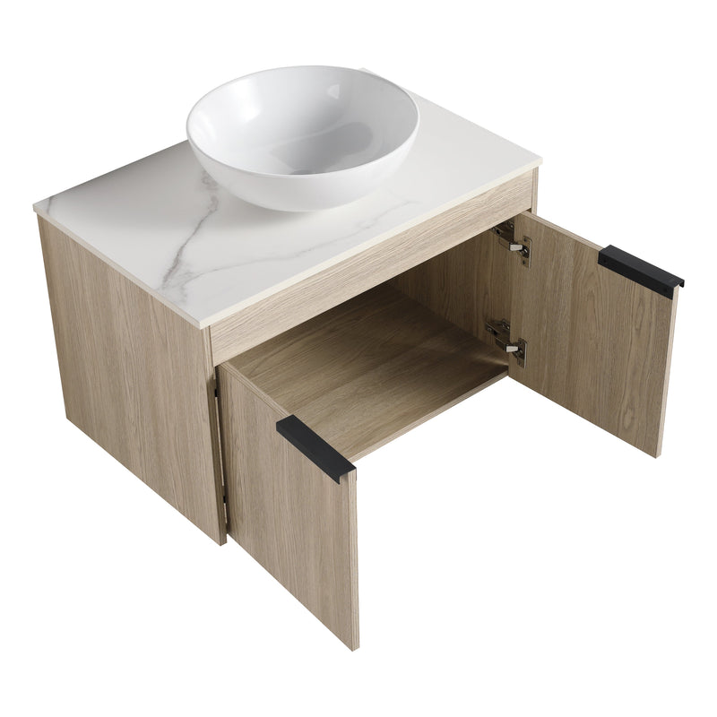 30" Modern Design Float Bathroom Vanity With Ceramic Basin Set, Wall Mounted White Oak Vanity With Soft Close Door, KD-PackingD-Packing Pieces