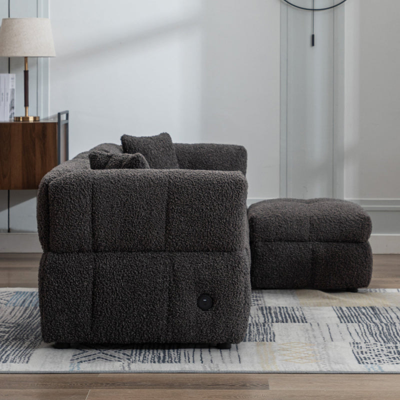 87.7" Sectional Sofa Cozy Teddy Fleece Fabric Sectional Sofa Couch with Two USB Ports a Movable Storage Ottoman and Two Lumbar Pillows for Living Room, Gray