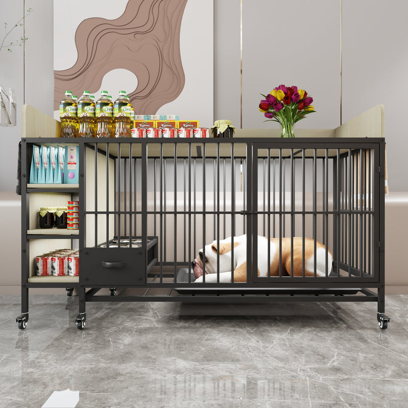 Large pet cage with storage rack, drawers with stainless steel food and water basin, made of iron frame and MDF material, sturdy, exquisite, and practical (black+beige)