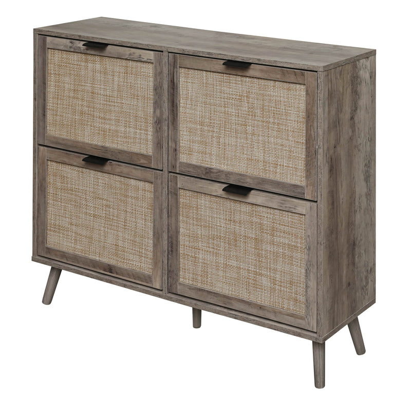 Walker Edison | Modern Rattan 4 Door Shoe Rack Cabinet for Entryway