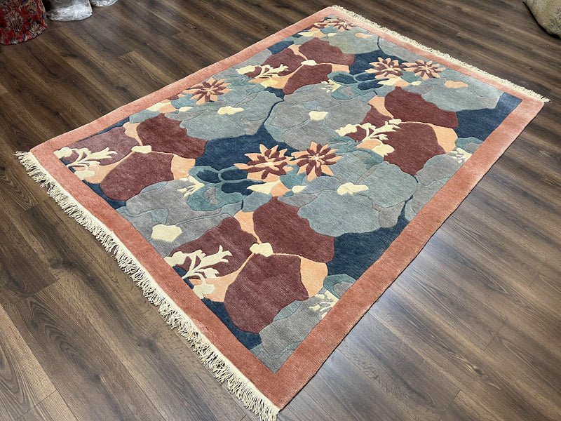 Modern Tibetan Rug 5.7 x 7.9, Abstract Multicolor Flower Pattern, Navy Blue Maroon Salmon, Soft Wool, Hand Knotted Contemporary Carpet 6x8