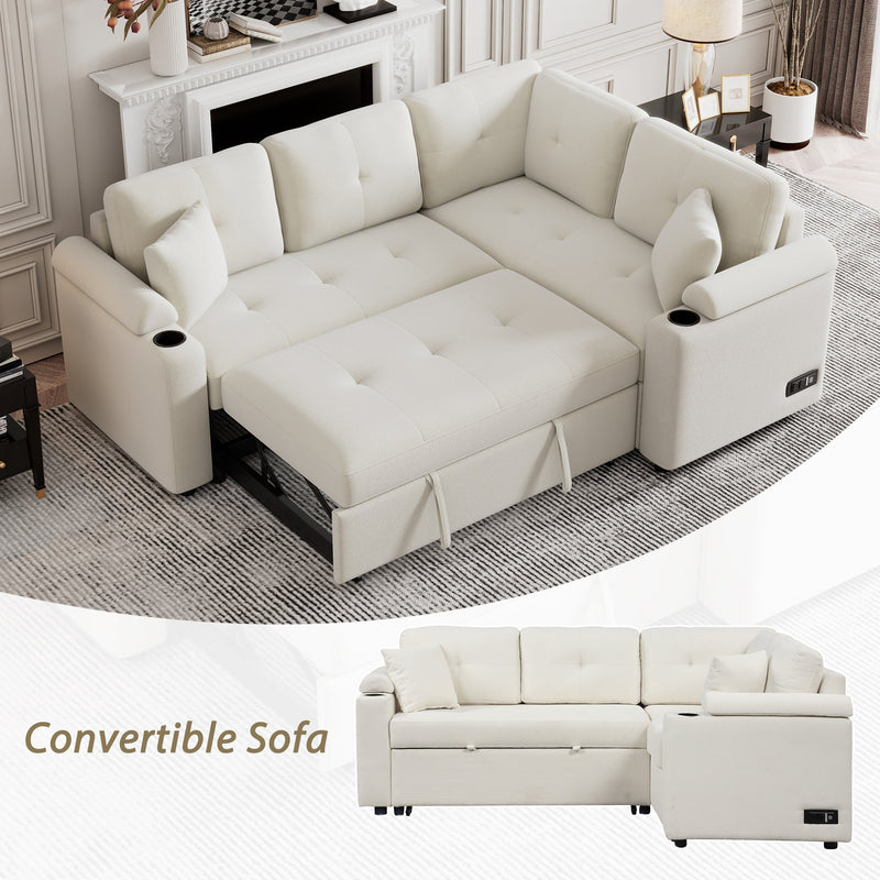 87.4" L-shape Sofa Bed Pull-out Sleeper Sofa with Wheels, USB Ports, Power Sockets for Living Room, Beige