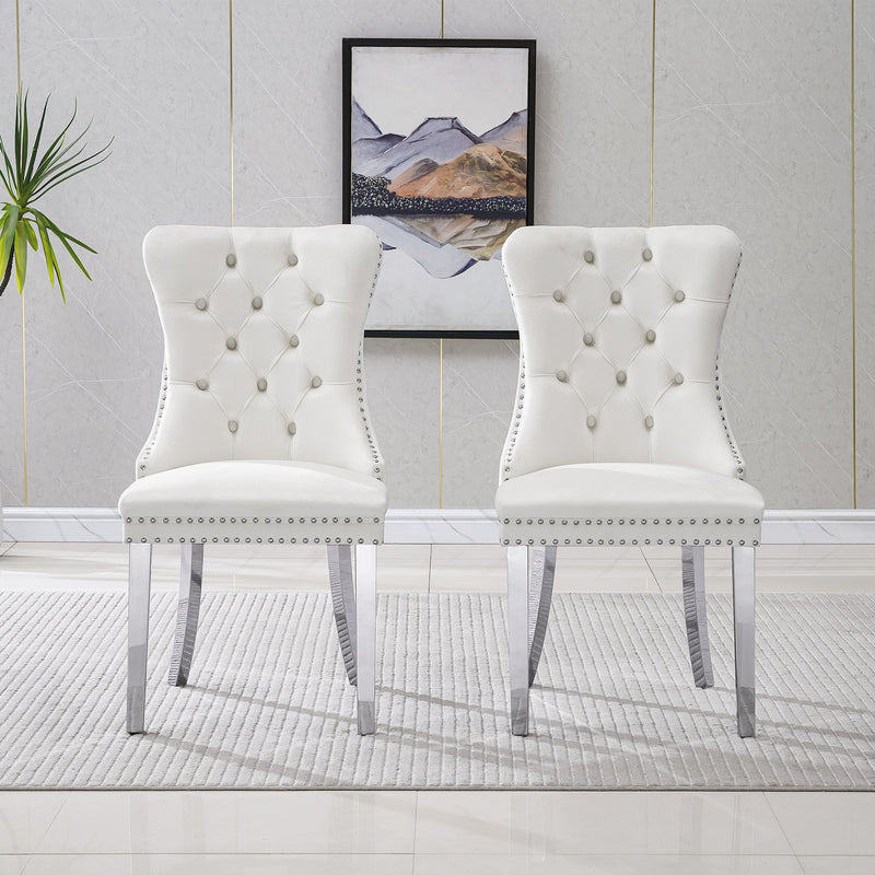 Gorgeous White Velvet Dining Chairs with Silver Mirrored Finish Legs - Set of 2, 19.7'L x 24'D x 36.2'H, Luxurious Dining Room Statement