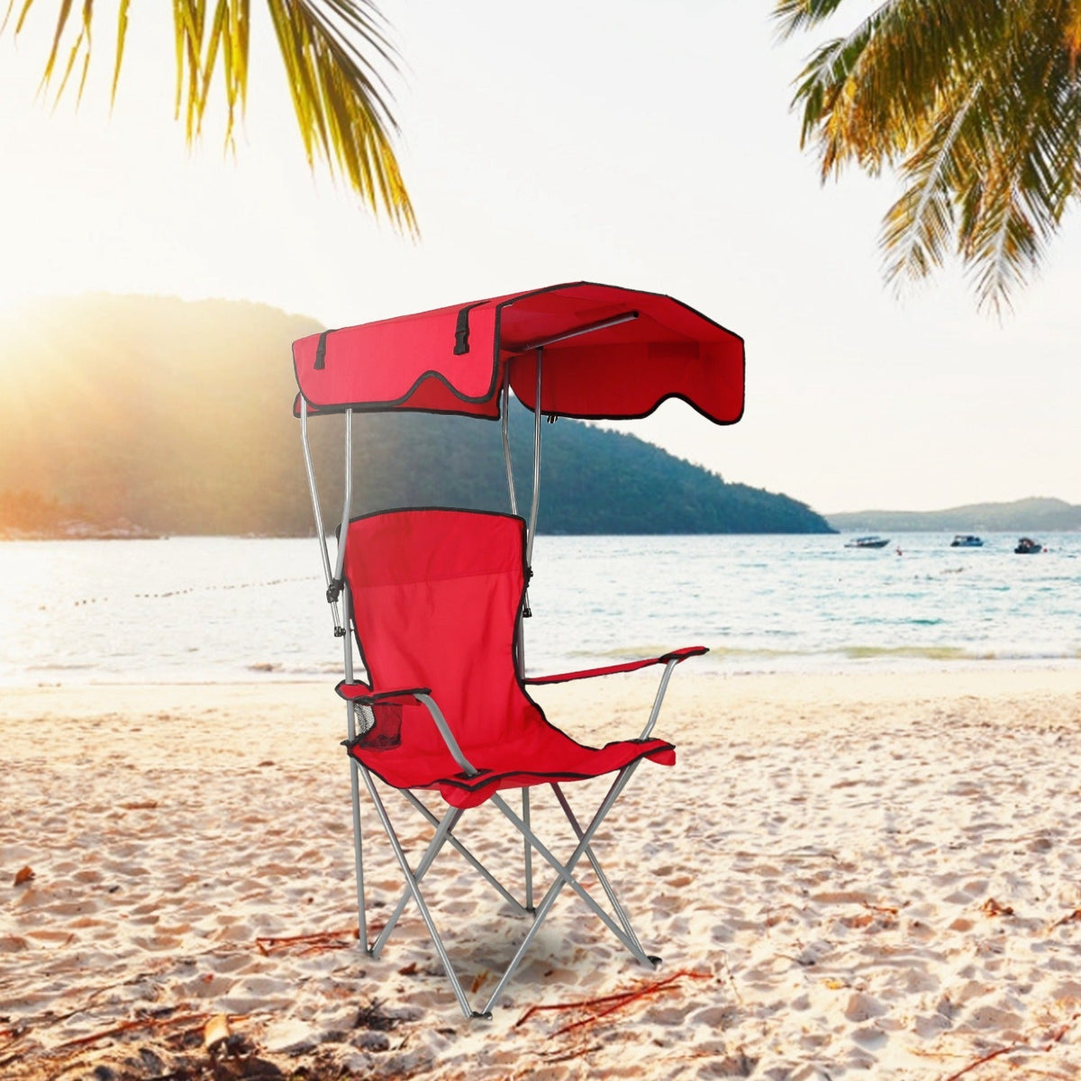 Foldable Beach Canopy Chair Sun Protection Camping Lawn Canopy Chair 330LBS Load Folding Seat w/ Cup Holder For Beach Poolside Travel Picnic, photo 13 of 14
