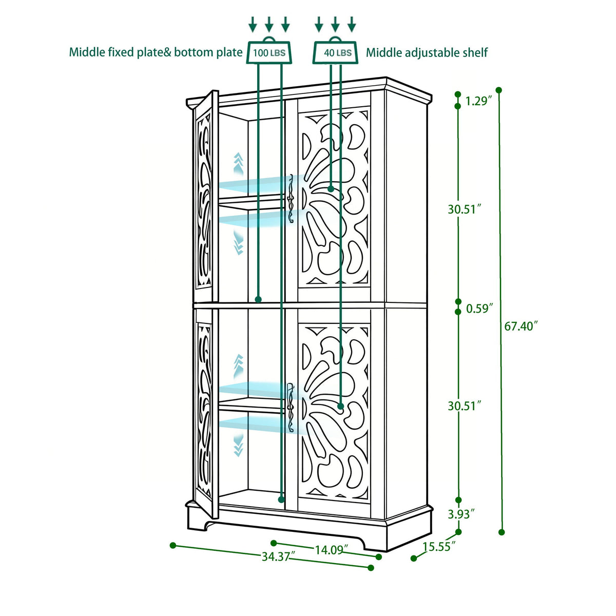 Modern Sideboard Buffet With 4 Mirrored Doors, Adjustable Shelves, photo 4 of 8