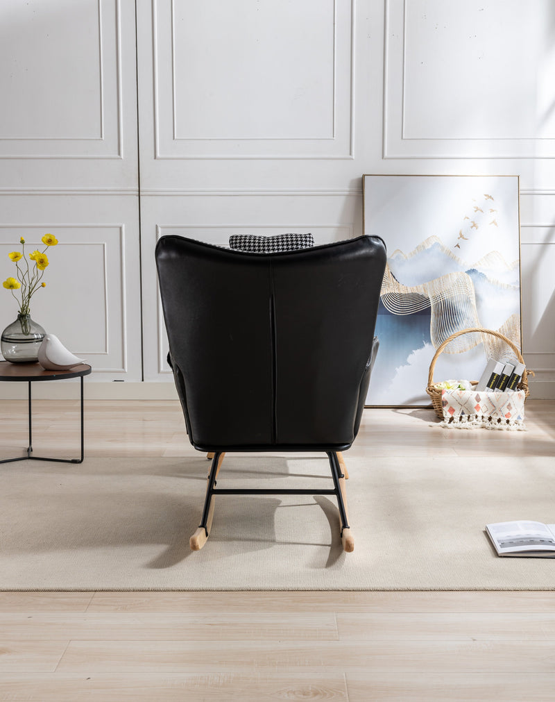 35.5 inch Rocking Chair with Footrest, Soft Houndstooth Fabric Leather Fabric Rocking Chair for Nursery, Comfy Wingback Glider Rocker with Safe Solid Wood Base for Living Room Bedroom Balcony (black)