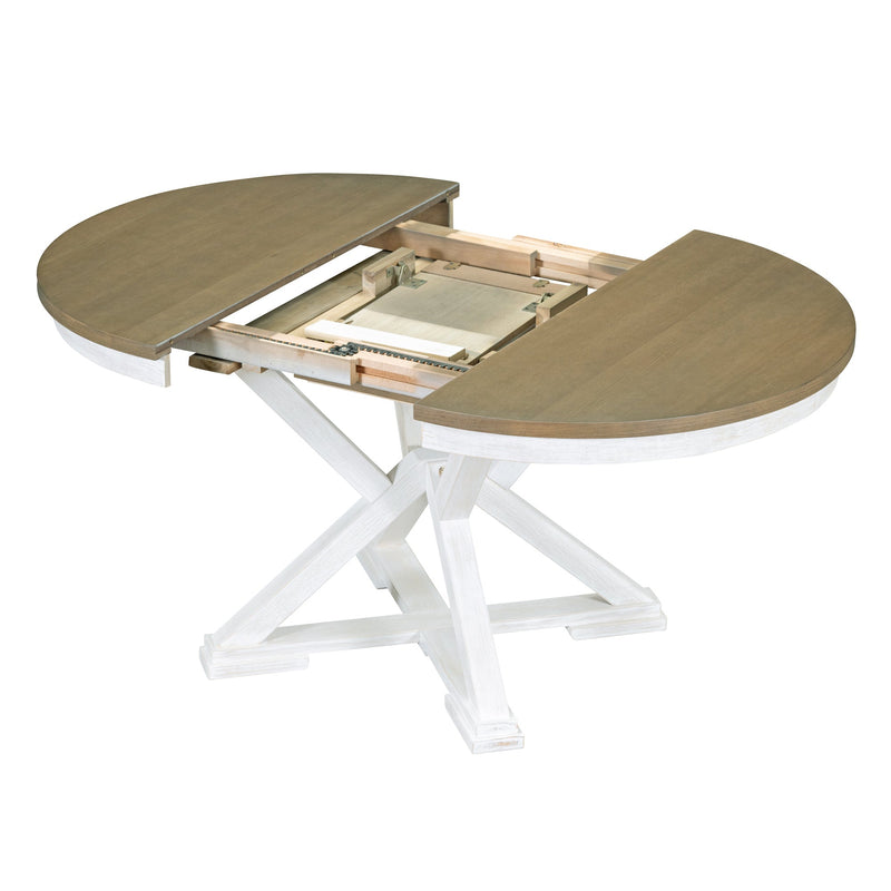 5-Piece Retro Functional Dining Table Set Extendable Round Table and 4 Upholstered Chairs for Dining Room and Living Room (Brown+Antique White)