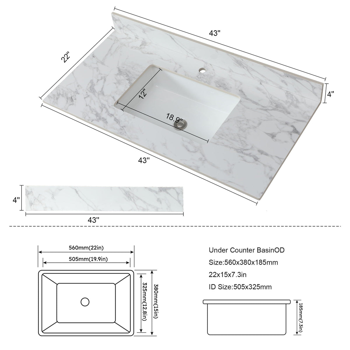 Elegant Bathroom Vanity Top With Rectangular Ceramic Sink And Backsplash, photo 8 of 19