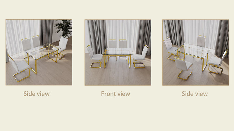 51 inch Glass Dining Table Set for 4, Dining Table & Chair Sets with Golden Plating Legs for Kitchen, Modern Rectangle Tempered Glass Table Top and PU Dining armless Chair for Dining Room