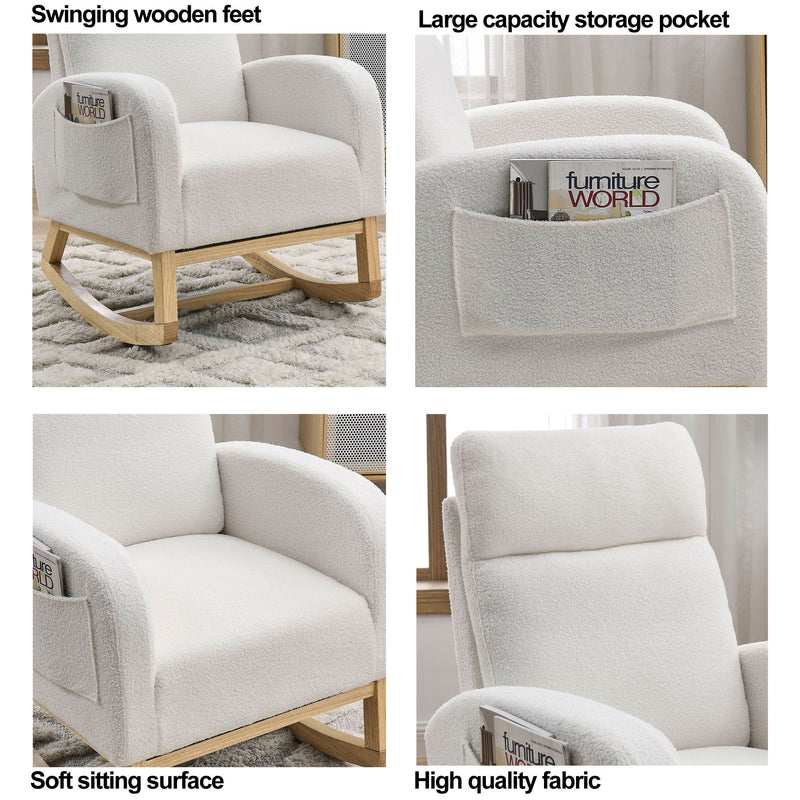27.6"W Modern Accent High Backrest Living Room Lounge Arm Rocking Chair, Two Side Pocket, Teddy White (Ivory)