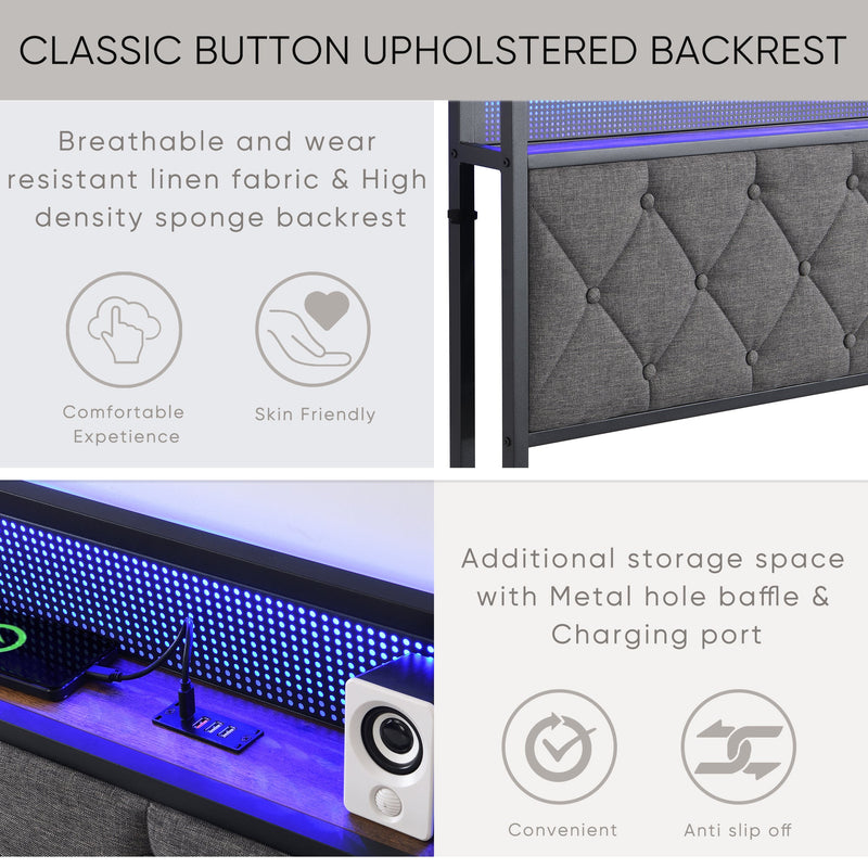 Walker Edison | Upholstered Storage Charging Station and LED Lights Bed