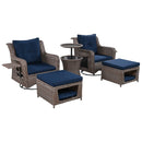 5 Pieces Outdoor Patio Furniture Set with Pet House Cool Bar and Retractable Side Tray, Rattan Wicker Patio Swivel Rocking Chairs Set of 2 with Ottomans for Backyard, Porch, Balcony, Navy Blue
