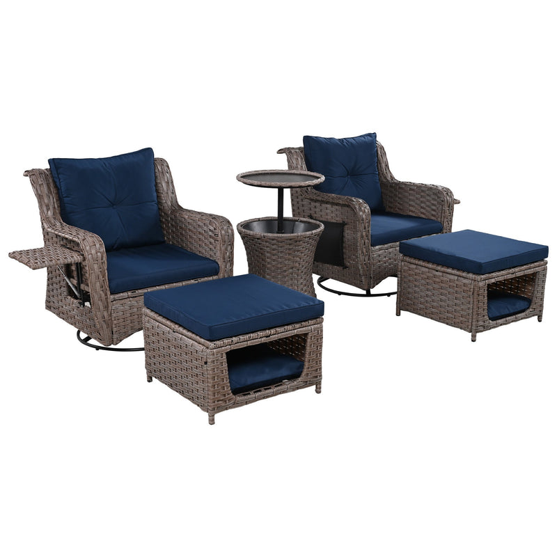 5 Pieces Outdoor Patio Furniture Set with Pet House Cool Bar and Retractable Side Tray, Rattan Wicker Patio Swivel Rocking Chairs Set of 2 with Ottomans for Backyard, Porch, Balcony, Navy Blue