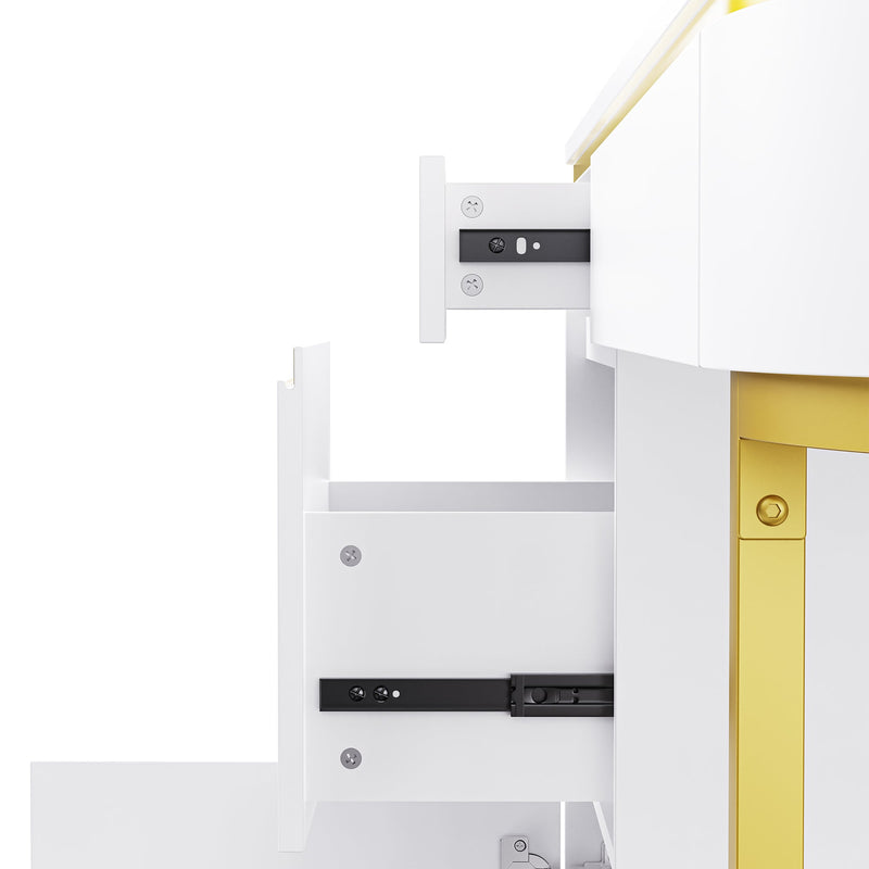 60"Modern Executive Desk,White Curved Computer Desk with Gold Metal Legs,3-Drawers Home Office Desk,Writing Desk with 1 Storage Cabinet for Home Office,Living Room,Gold+White