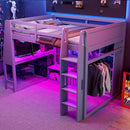 Gaming Loft Bed With Desk, Multi Storage Shelves, LED Lighting, And Hanging Clothes Rack by Unique Piece Furniture