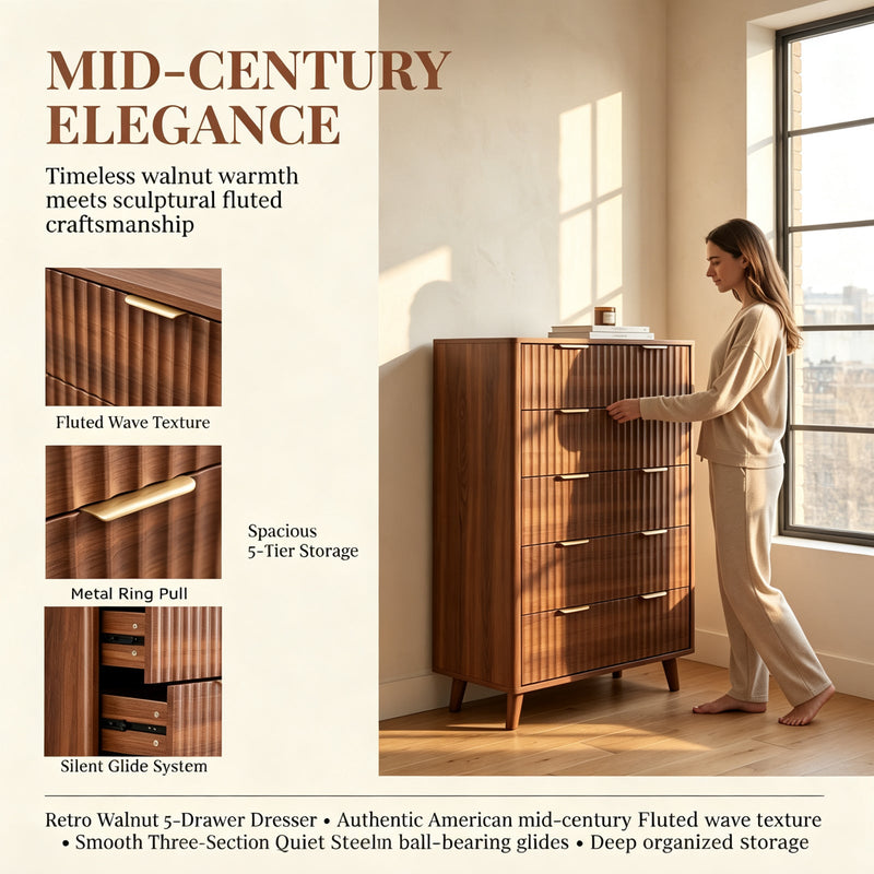 Tall 5-Drawer Dresser, Mid-Century Modern, Walnut, photo 3 of 10