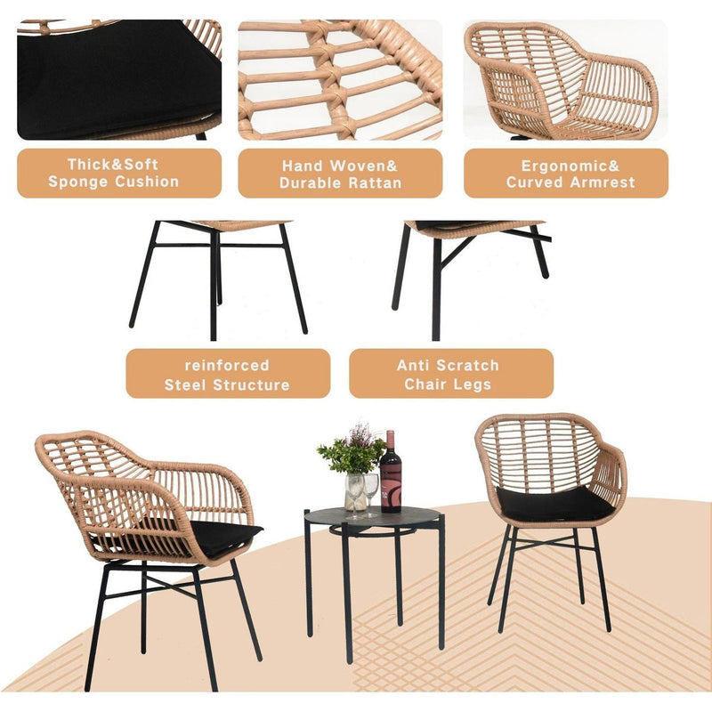 3 Pieces Of Luxury Outdoor Wicker Furniture - Patio Bistro Style Table And Chair Combination,Weather-resistant PE Wicker Weave, Stainless Steel Fame, Suitable For Garden, Terrace,Backyard Casua