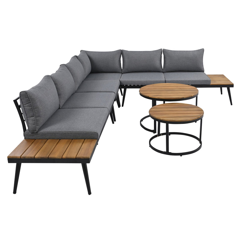 6-Piece Outdoor Sectional Sofa Set with Round Nesting Coffee Tables and Seating Sofa with Cushions for Patio, Porch and Garden (Grey)