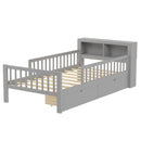 Bed With Headboard Storage Rack, 2 Under Bed Drawers, 3 Side Guardrails For Safety by HouseOfZazla