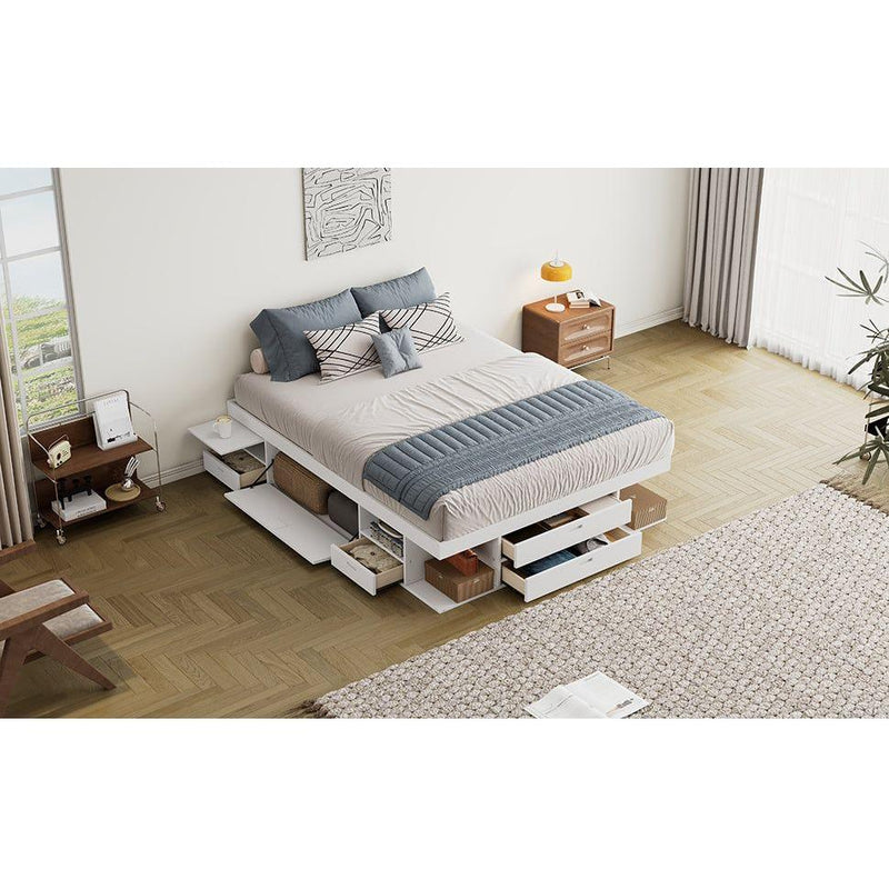 Storage Platform Bed Frame with Multiple Drawers and Shelves No Box Spring Needed, Queen Size,White